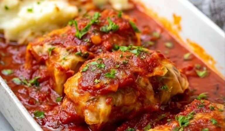 Stuffed Cabbage Rolls with tomato sauce on rustic table