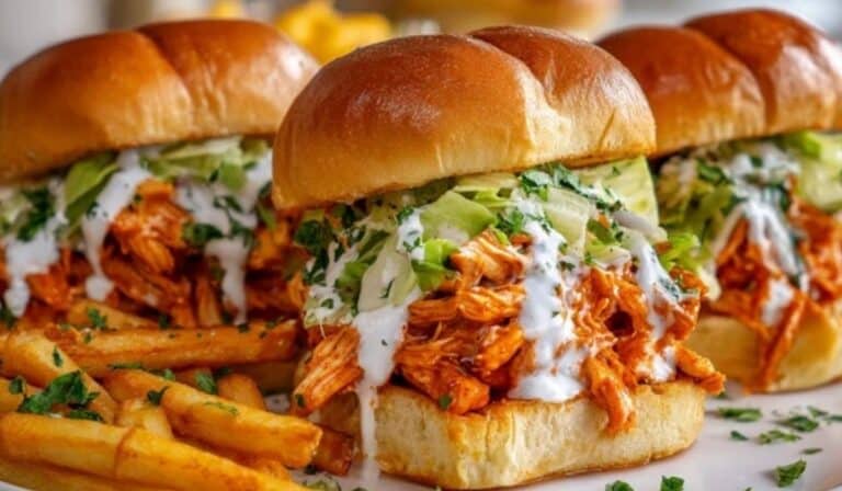 BUFFALO CHICKEN SLIDERS with buffalo chicken, lettuce, and ranch dressing served with fries