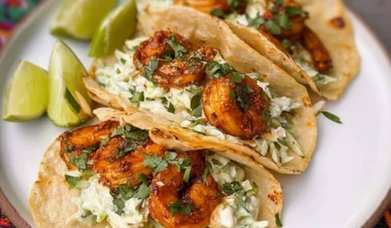 Cilantro Lime Shrimp Tacos with Creamy Slaw on rustic table