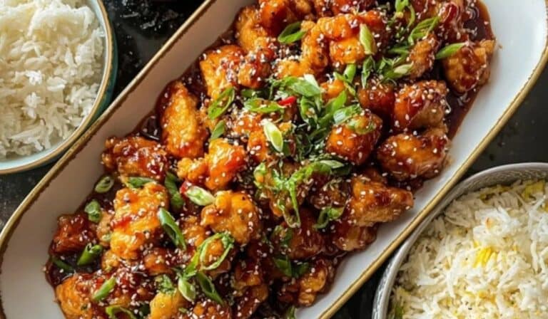 Sweet Chili Chicken Recipe plated with rice