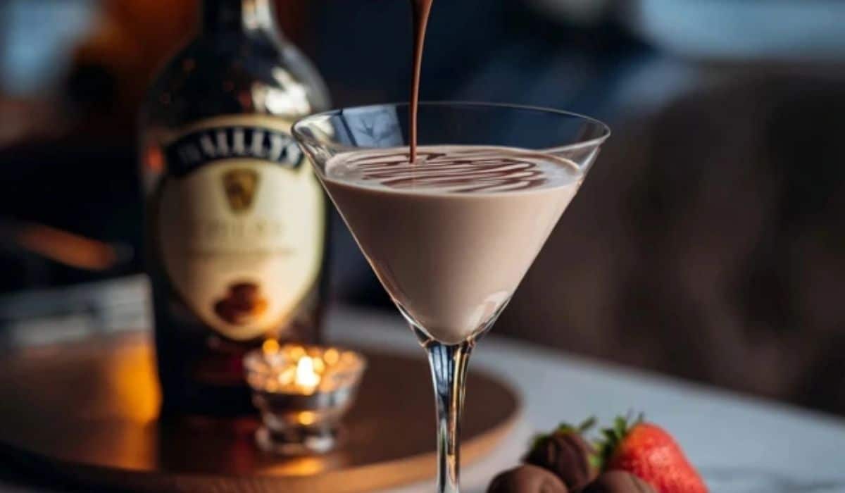 Baileys Chocolate Martini cocktail in a glass with cocoa rim
