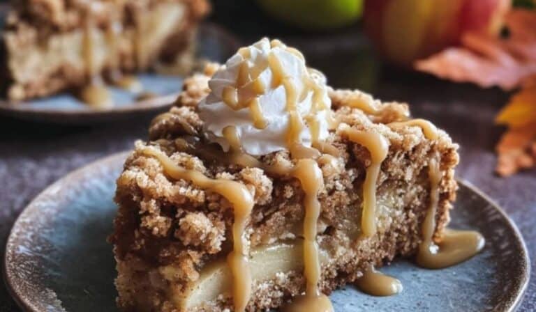 Apple Crumb Cake with Cinnamon Apple Drizzle on farmhouse table