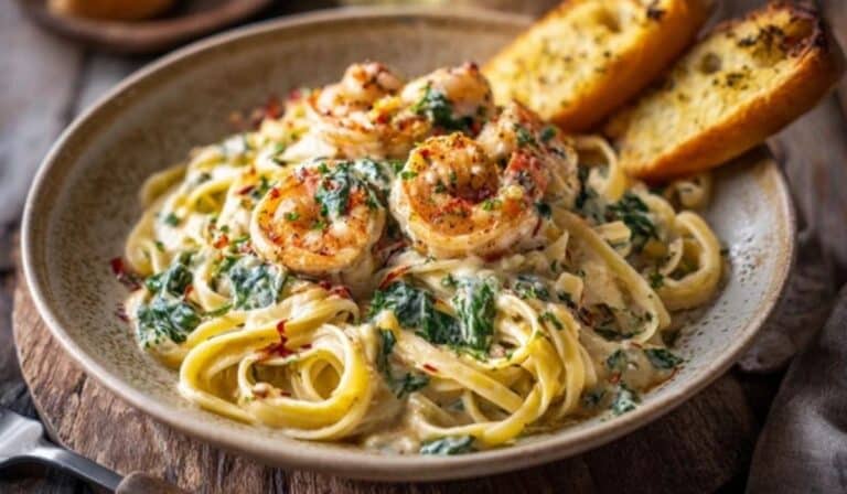 Creamy Tuscan Shrimp Linguine served with wine and bread