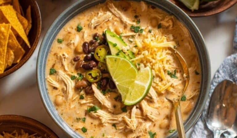 White Chicken Chili bowl with toppings