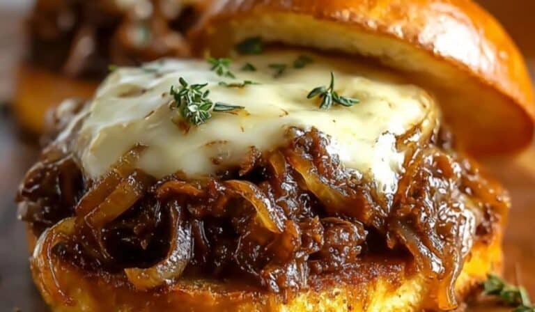 French Onion Beef Sloppy Joes on toasted brioche buns