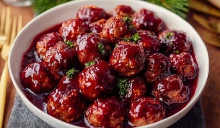 Christmas Cranberry Meatballs served on holiday table
