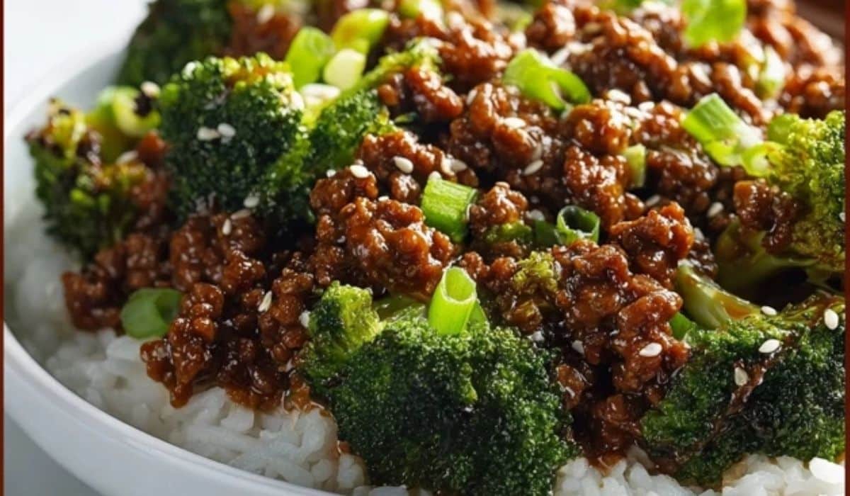 Honey Garlic Ground Beef and Broccoli bowl with rice and sesame seeds