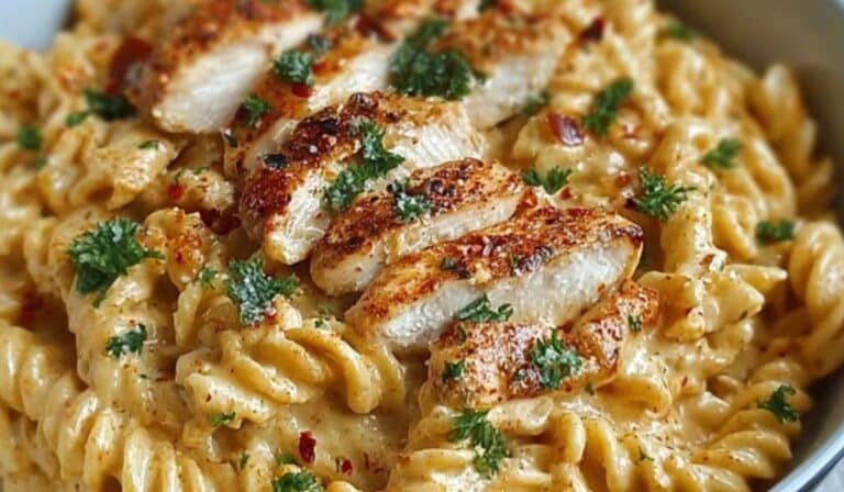 Cajun Cream Cheese Chicken Pasta in creamy sauce on rustic table