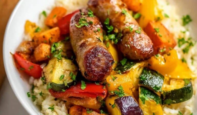 Air Fryer Chicken Sausage and Veggies served in a rustic bowl