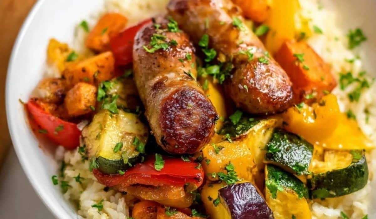 Air Fryer Chicken Sausage and Veggies served in a rustic bowl