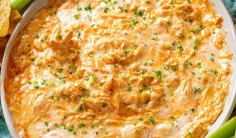 Greek Yogurt Buffalo Chicken Dip with melted cheese