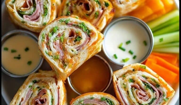 A close-up view of colorful pinwheel sandwiches filled with cheese, meats, and veggies.