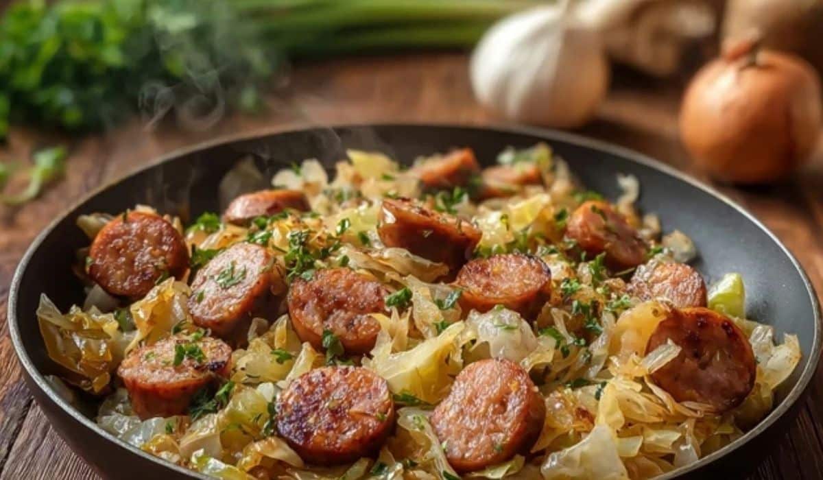 Sausage and Cabbage Stir Fry in skillet