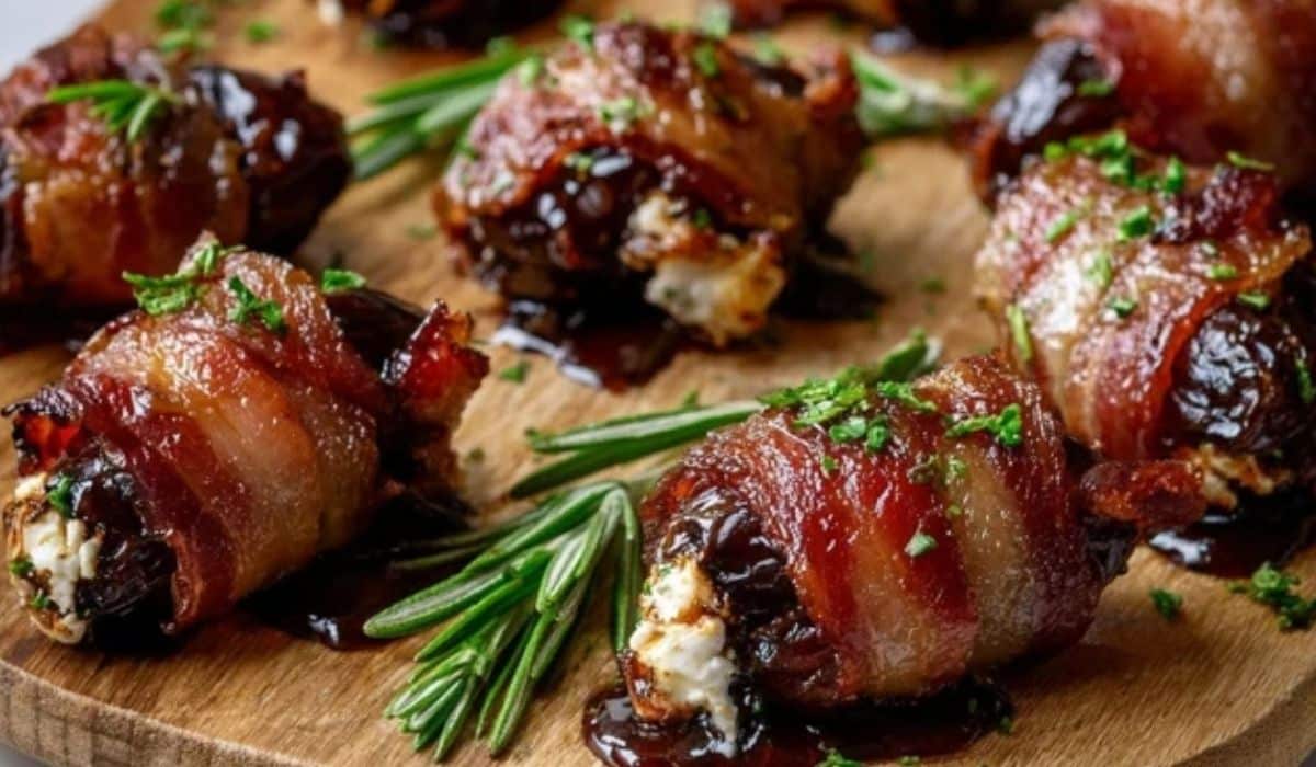 Bacon Wrapped Dates with Goat Cheese on rustic platter