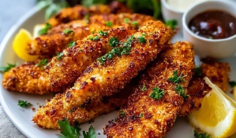 Crispy Baked Chicken Tenders with honey mustard dip on rustic board