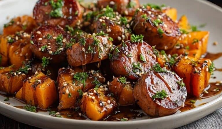 Sausage and Sweet Potatoes with Honey Garlic Sauce in skillet
