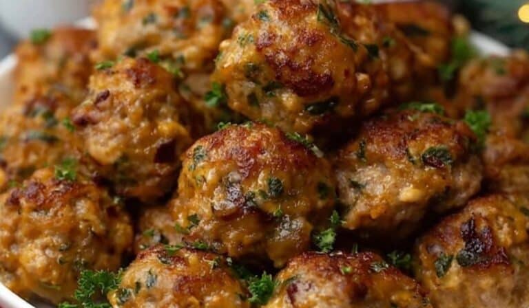 Stuffing Sausage Balls on a rustic board with cranberry dip