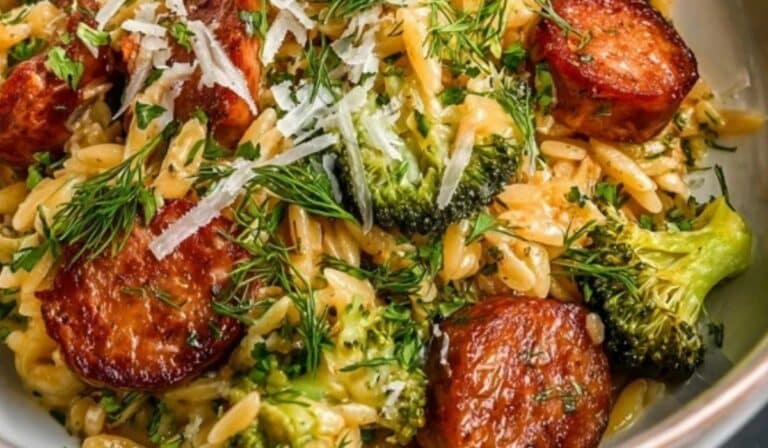 Tasty Chicken Sausage Broccoli Orzo in rustic bowl