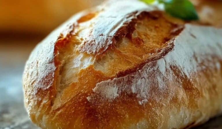 Crusty Italian Bread loaf cooling on a wooden table