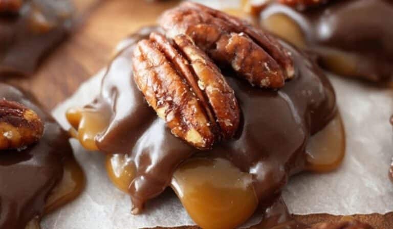 Homemade Turtle Candy on a rustic table with chocolate and caramel