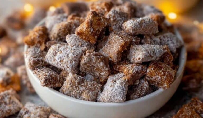 Butterfinger Puppy Chow in a rustic wooden bowl