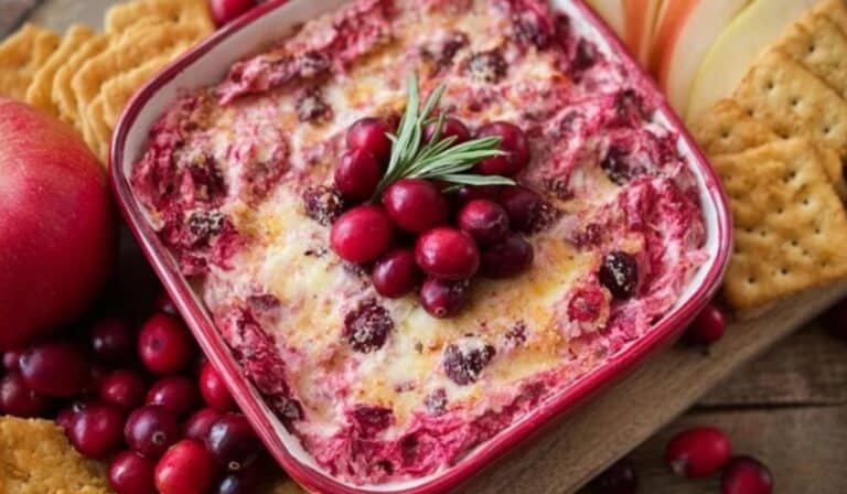 Cranberry Cream Cheese Dip served with crackers and apples