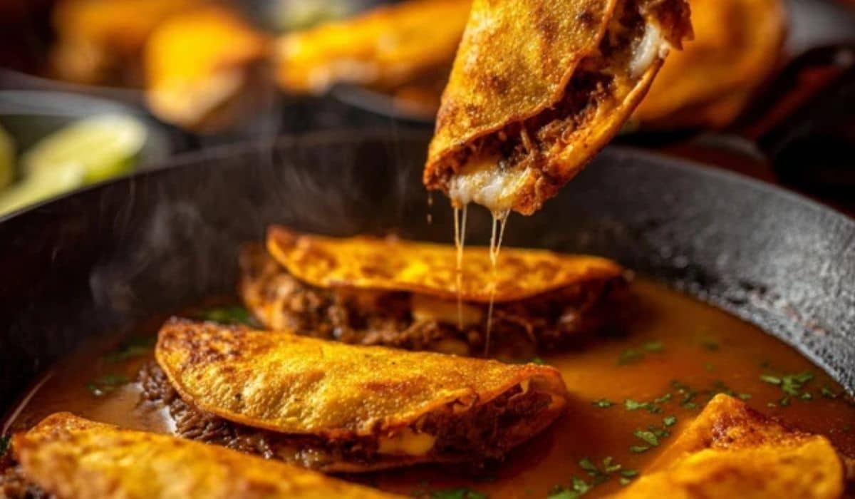 My Fave Birria Tacos served with consommé and lime wedges