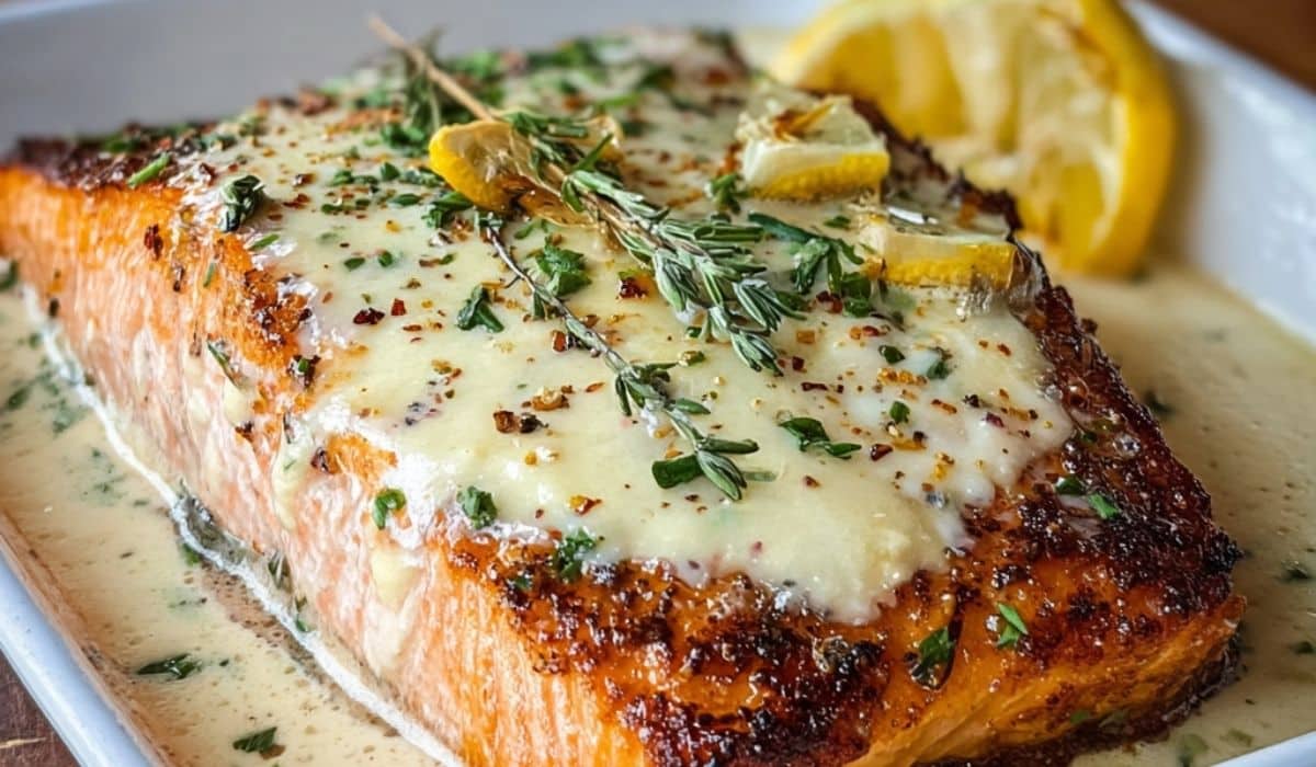 Baked Boursin Salmon with creamy garlic herb cheese topping