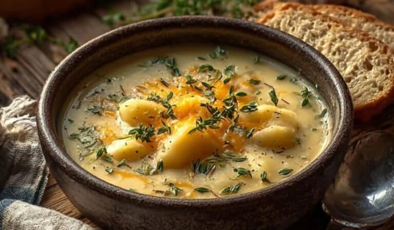 Cheddar Garlic Herb Potato Soup served in rustic bowl