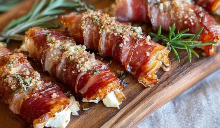 Crispy Prosciutto Wrapped Boursin Cheese Appetizer on serving board