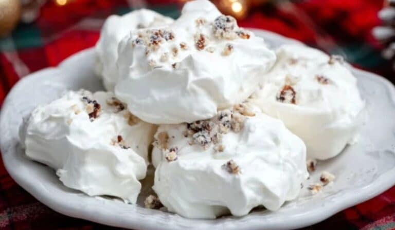 No-Cook Divinity Candy on rustic Christmas tray