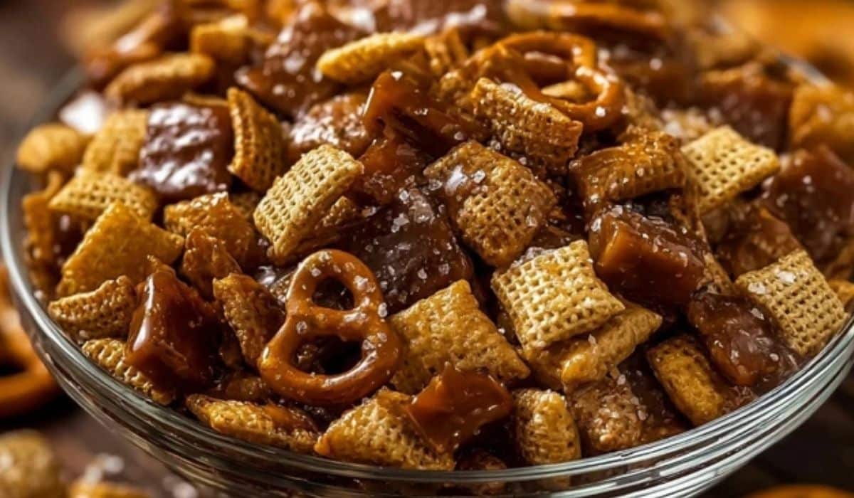 Sweet & Salty Toffee Chex Mix in serving bowl