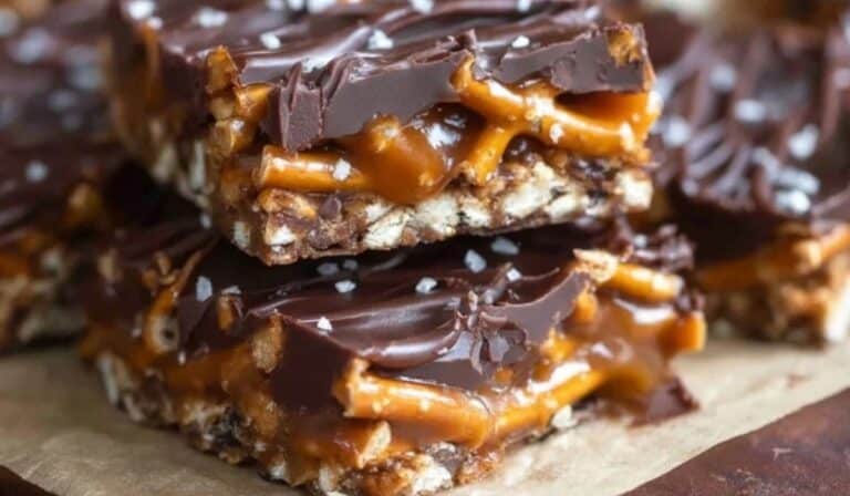 Salted Chocolate and Caramel Pretzel Bars on wooden counter