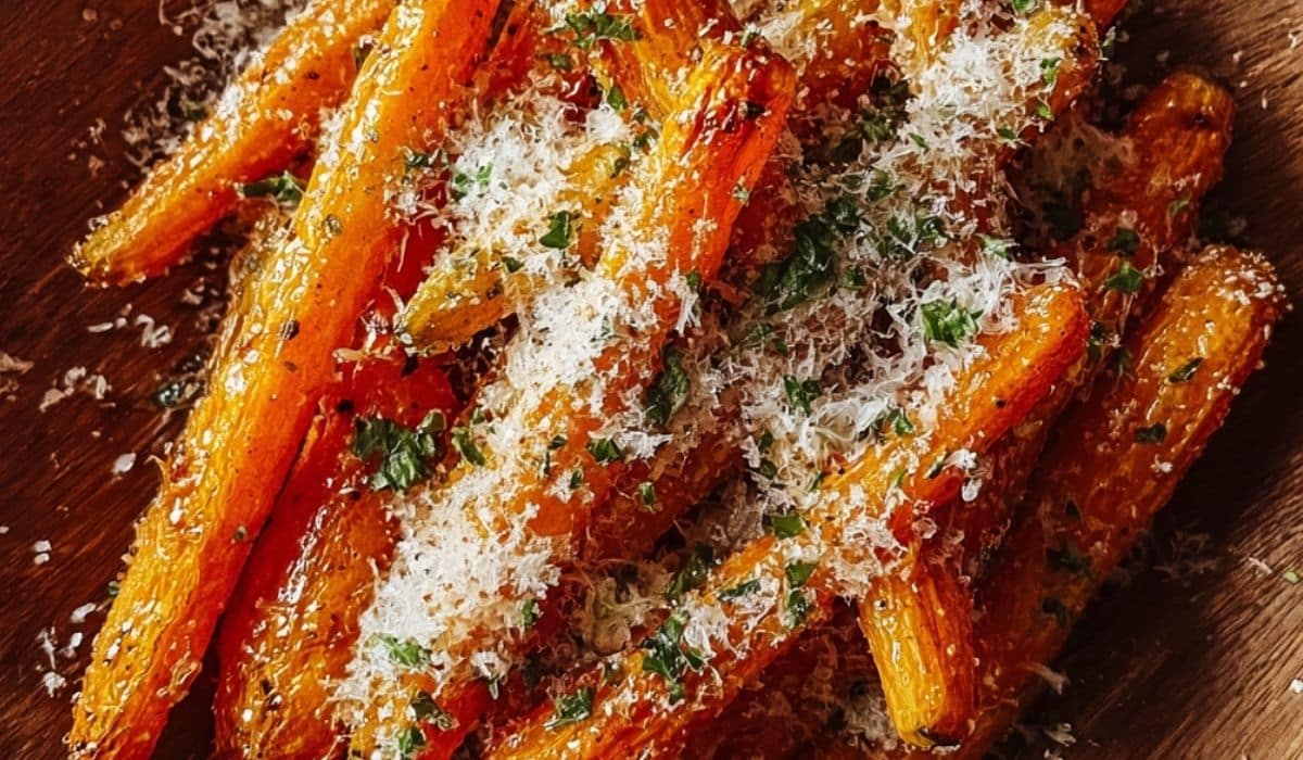 Roasted Garlic and Parmesan Carrots served on rustic wooden plate