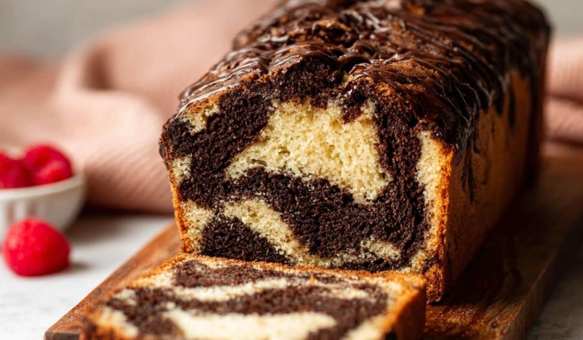 Marble Loaf Cake sliced on wooden board