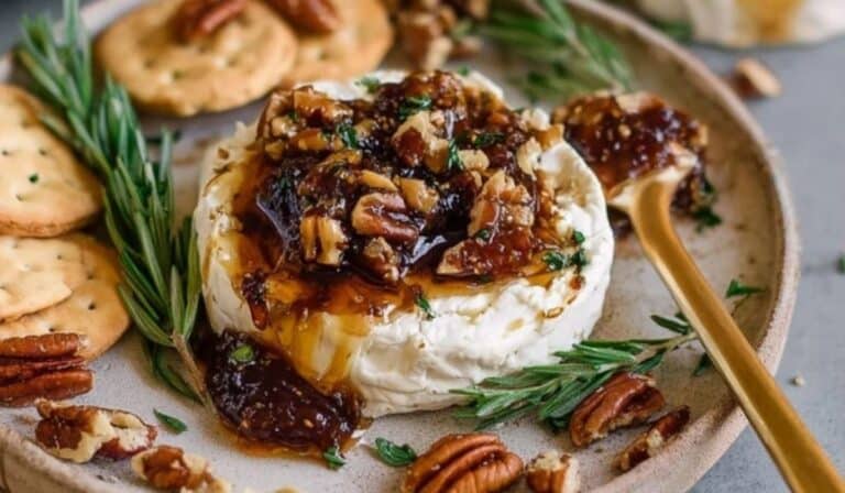 Easy Goat Cheese Appetizer with Fig Jam & Pecans served on rustic board