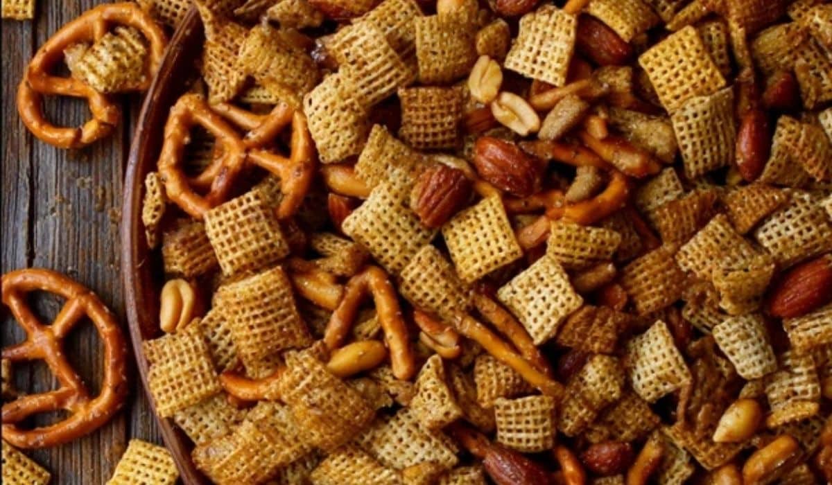 Homemade Chex Mix (Oven or Slow Cooker) in rustic bowl