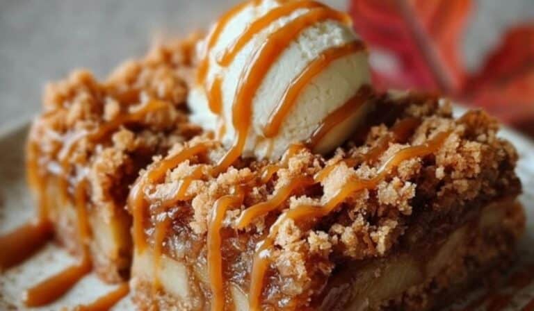 Salted Caramel Apple Crumble Bars Fall Treat dessert with caramel drizzle