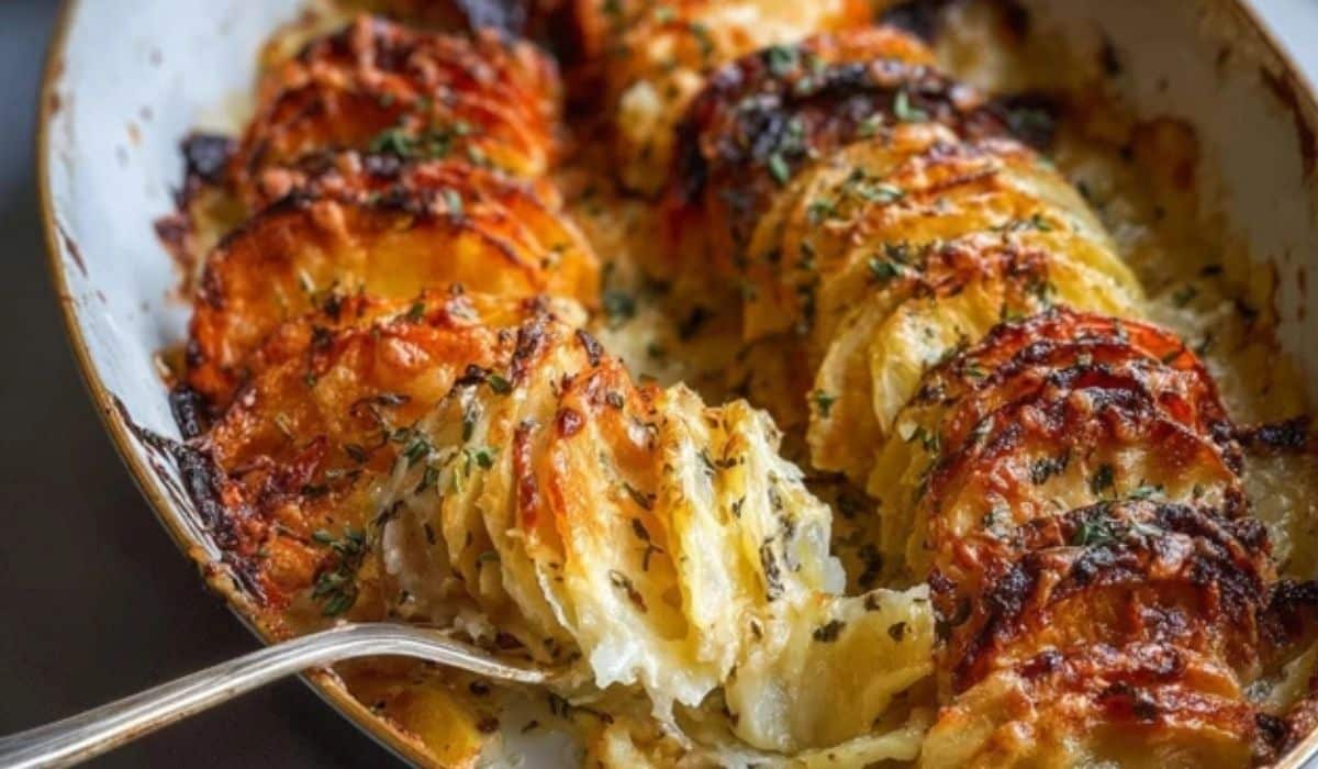 Cheesy Root Vegetable Gratin baked with golden cheese crust