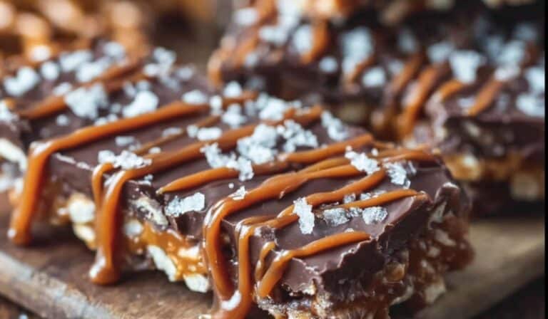Salted Chocolate and Caramel Pretzel Bars on wooden tray