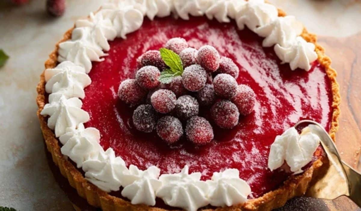 Cranberry Curd Tart on rustic table