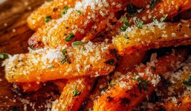 Roasted Garlic and Parmesan Carrots on rustic platter