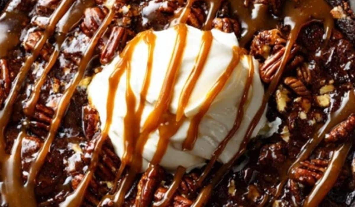 Caramel Turtle Brownie Pie fresh from oven