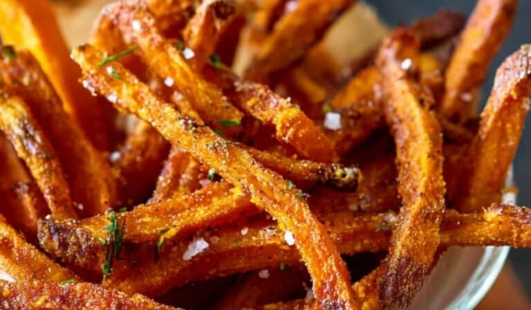 Crispy golden sweet potato fries in basket