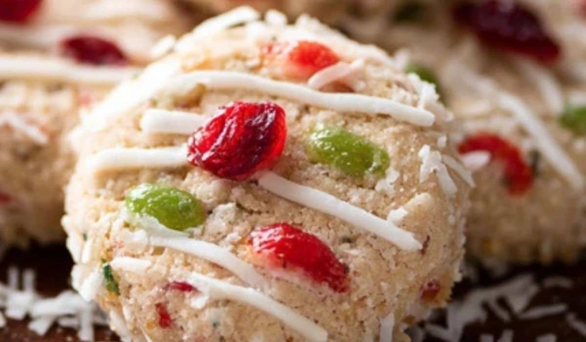 Santa’s Whiskers Cookies with coconut and cherries