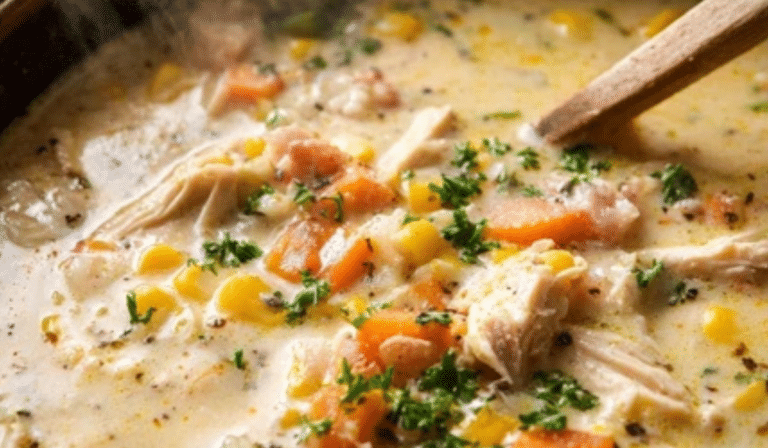 Creamy Chicken & Corn Soup served hot in a rustic bowl