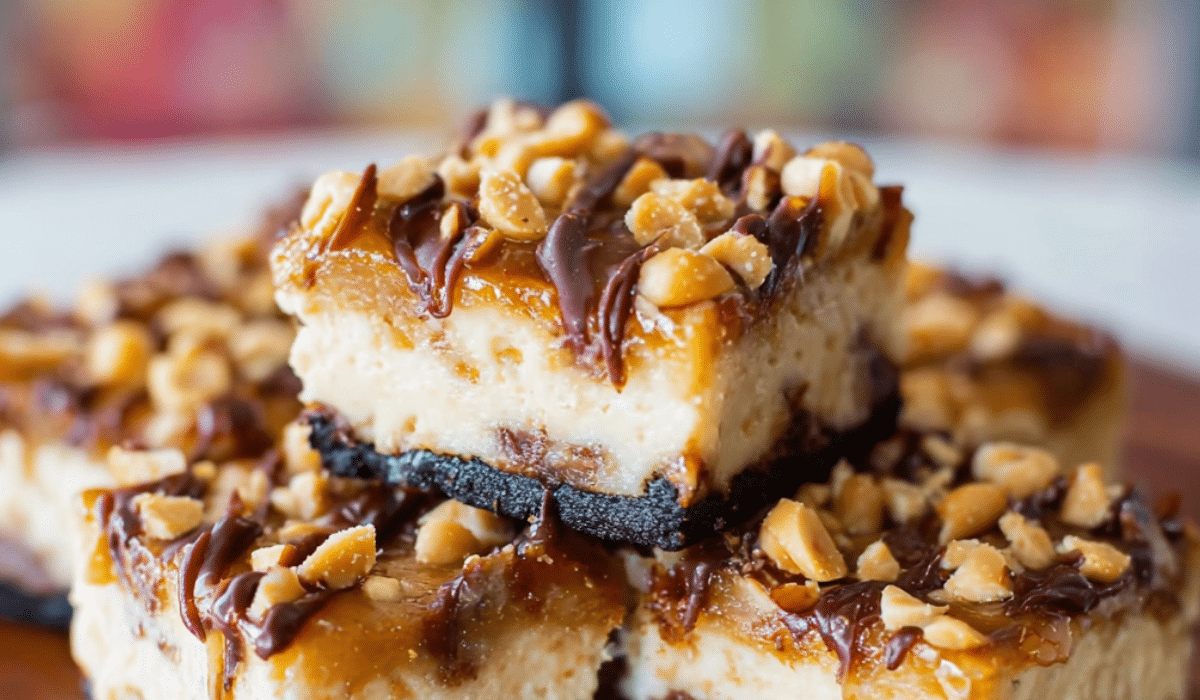 Snickers Cheesecake Bars stacked with caramel drizzle