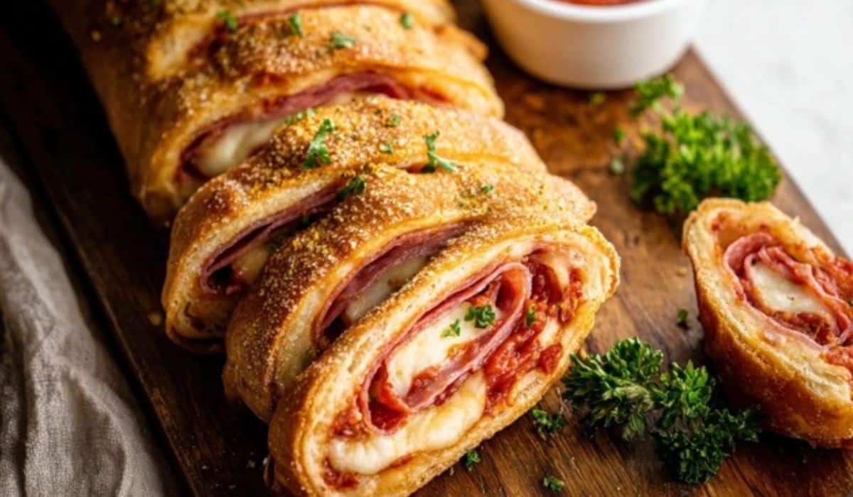 homemade Stromboli sliced with cheese and pepperoni