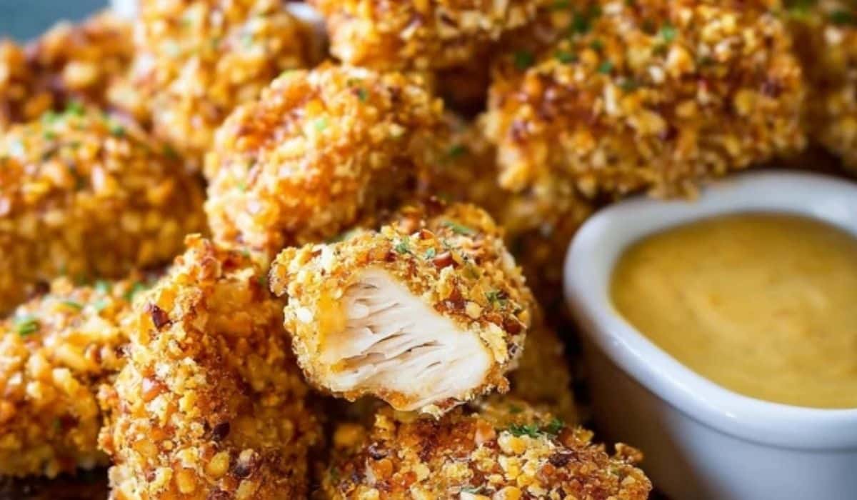 Pretzel Crusted Chicken Bites served with sauces