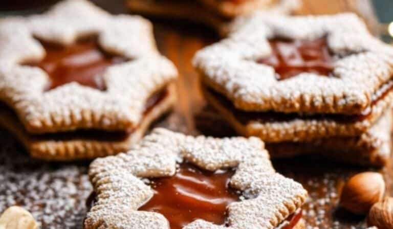 Caramel Hazelnut Linzer Cookies on tray